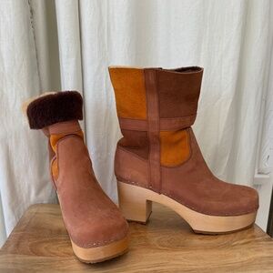 Swedish Hasbeens Tall Shearling-Lined Suede & Leather Boots